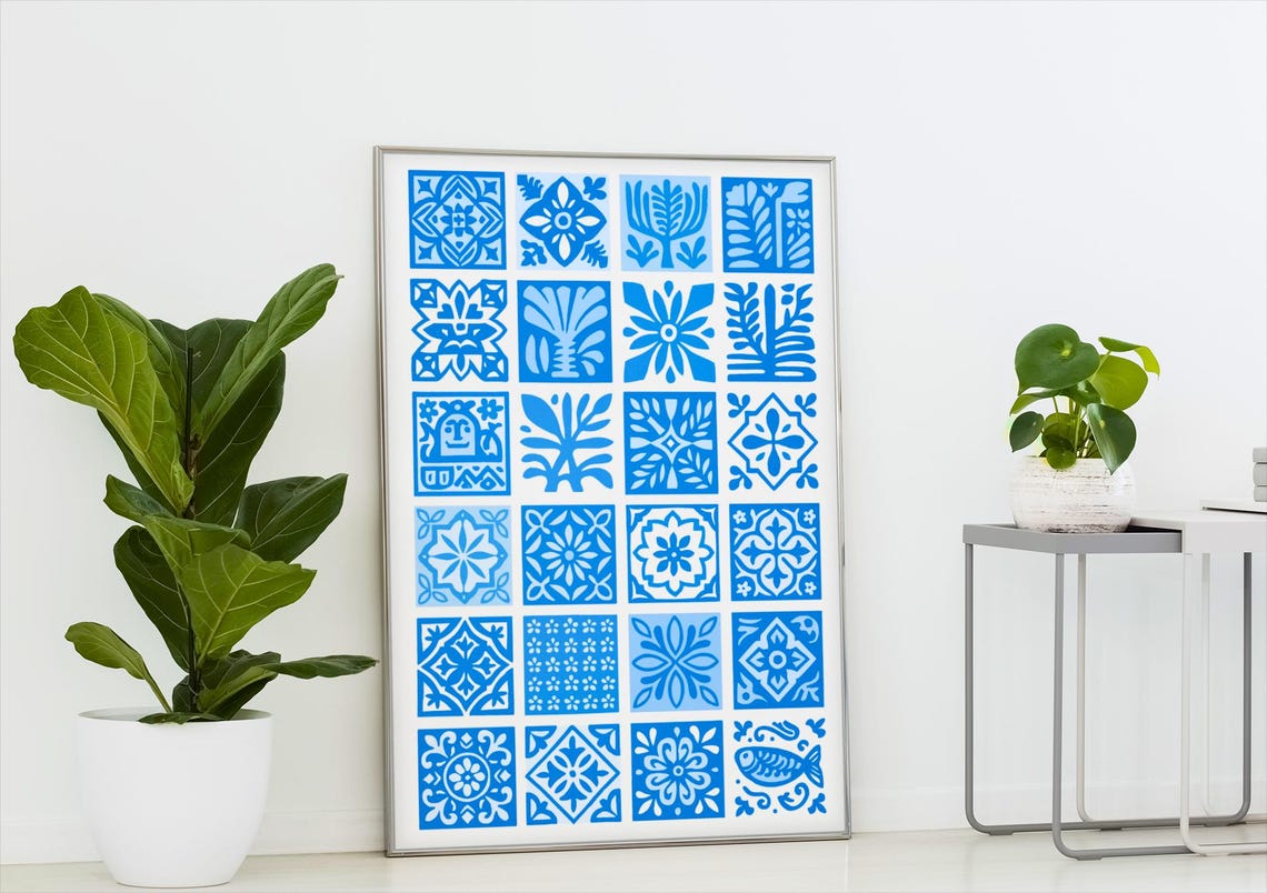 Blue White Portuguese Azulejos Tile Pattern Mediterranean Wall Poster