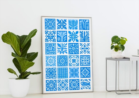 Blue White Portuguese Azulejos Tile Pattern Mediterranean Wall Poster