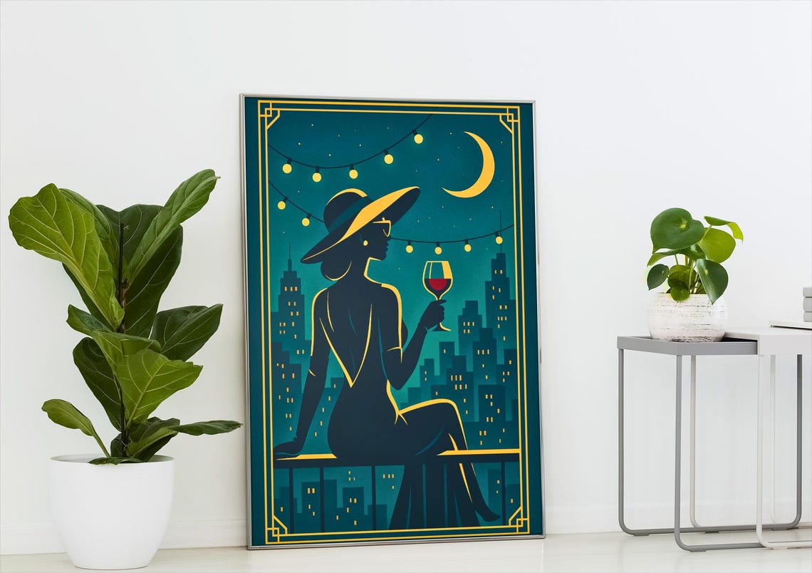 Art Deco City Night Wine Woman Balcony Moon String Lights Poster