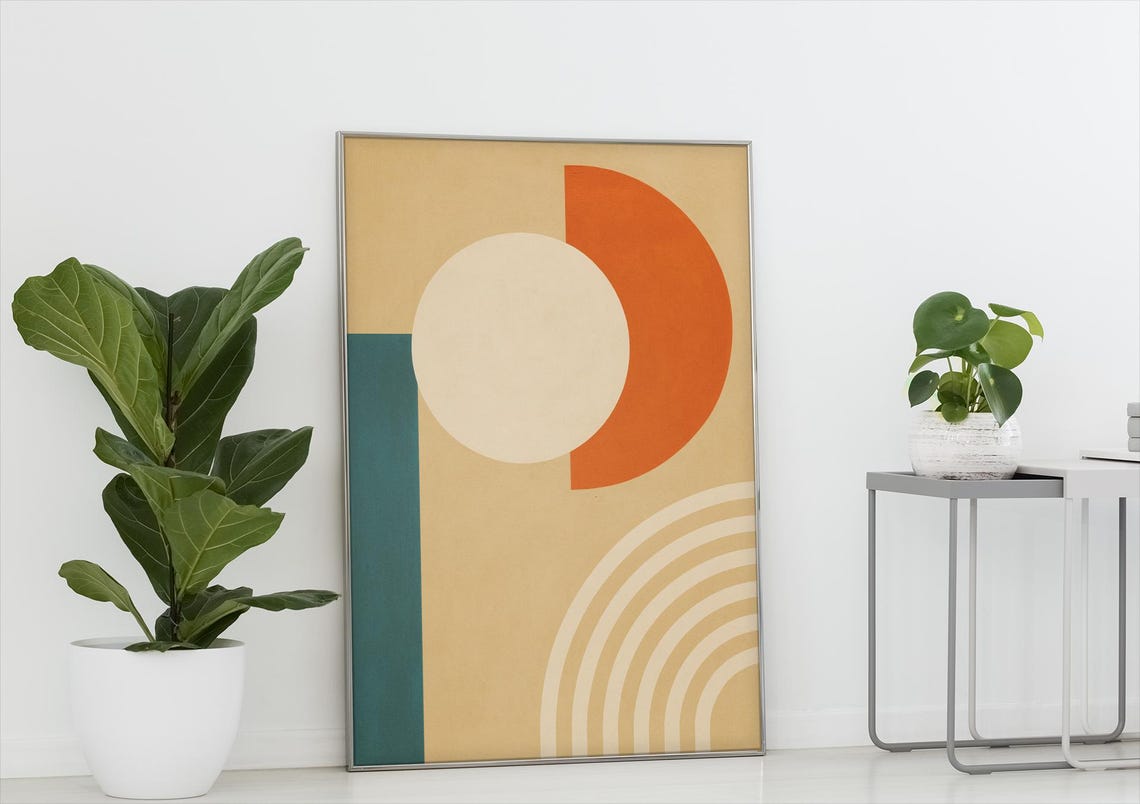 Midcentury Modern Geometric Sun Rainbow Terracotta Beige Wall Art