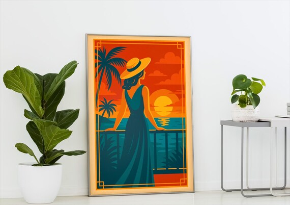 Retro Tropical Sunset Woman Silhouette Ocean Palm Beach Poster