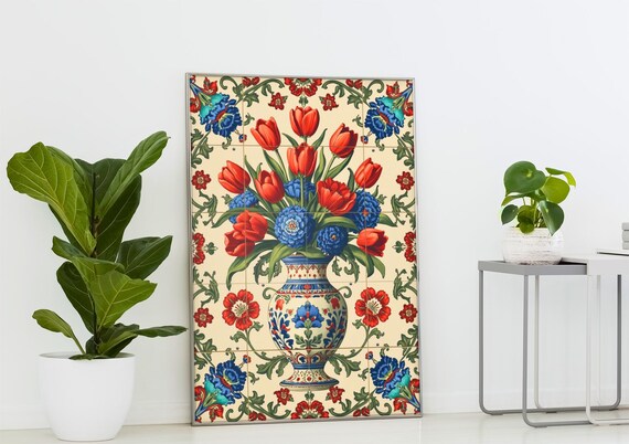 Ottoman Iznik Style Red Tulips Vase Floral Tile Panel Art Print