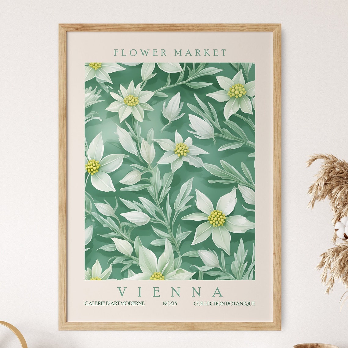 Flower Market Vienna Edelweiss White Green Alpine Botanical Poster