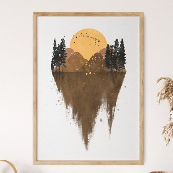 Watercolor Mountain Landscape Art Print, Boho Nordic