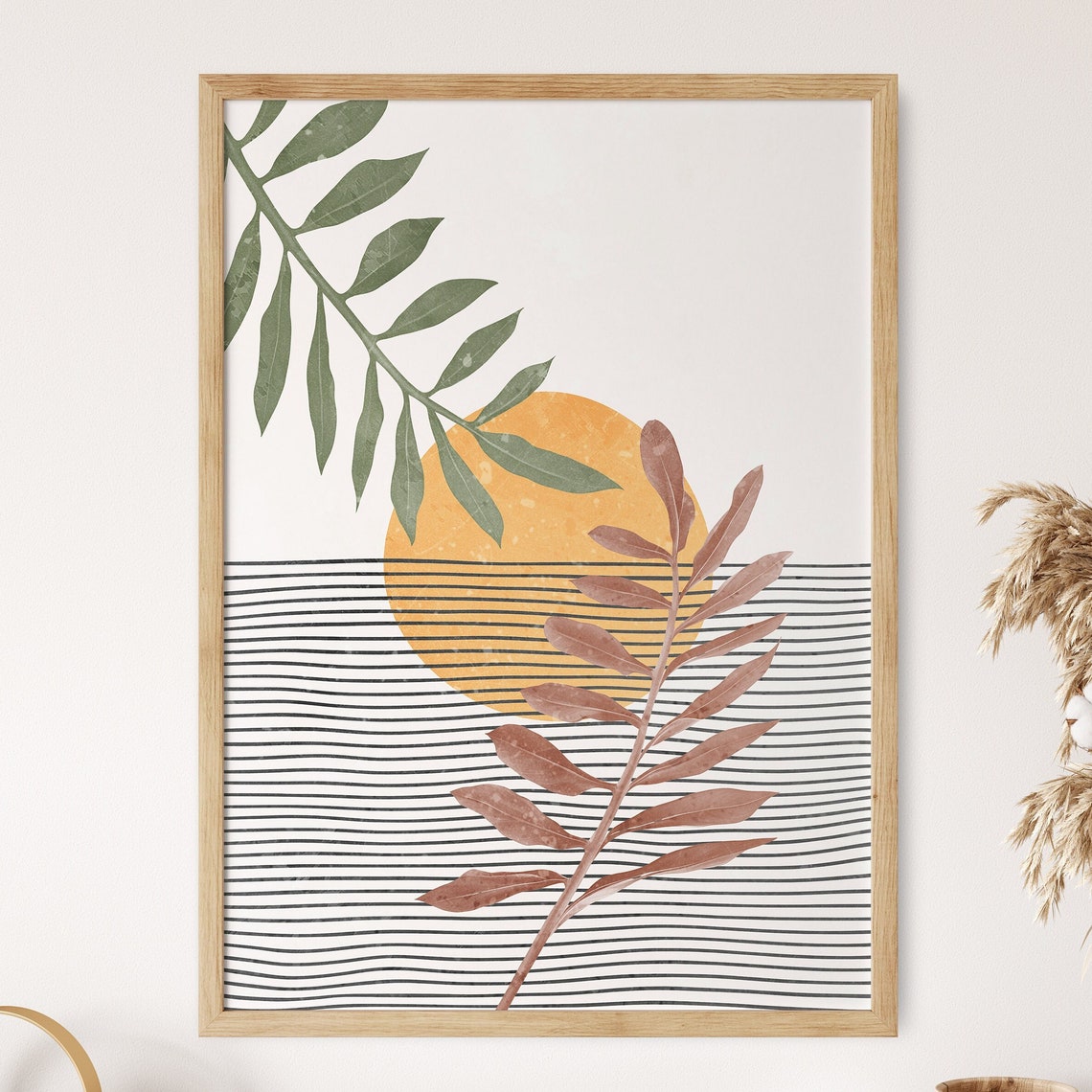 Boho Sun Tropical Leaves Ocean Stripes Minimalist Decor Poster