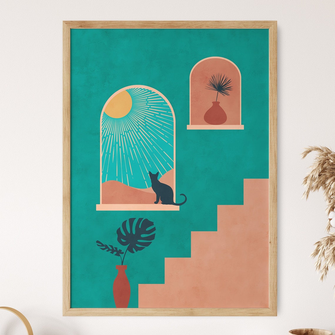 Moroccan Arch Teal Cat Sunlit Stairs Bohemian Colorful Art Poster