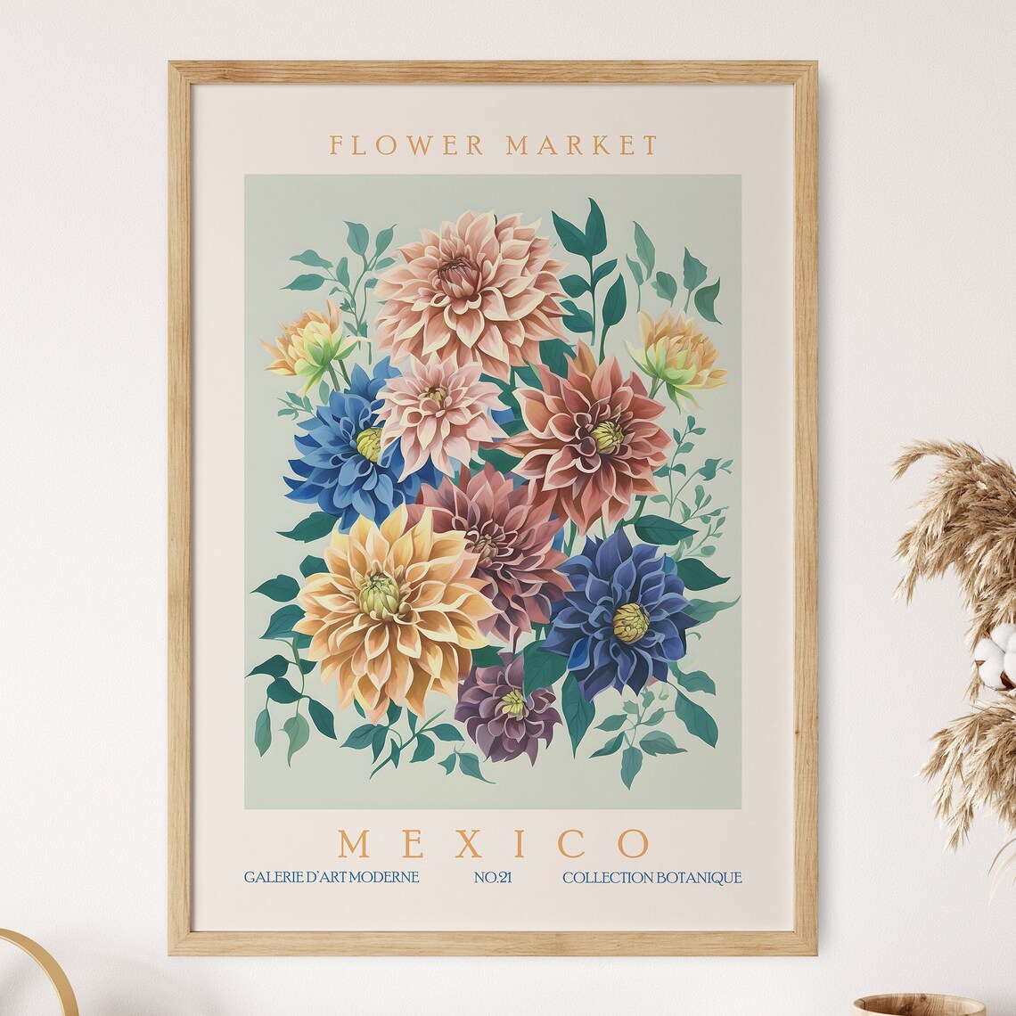 Mexico Flower Market Dahlia Art Print, Retro Botanical