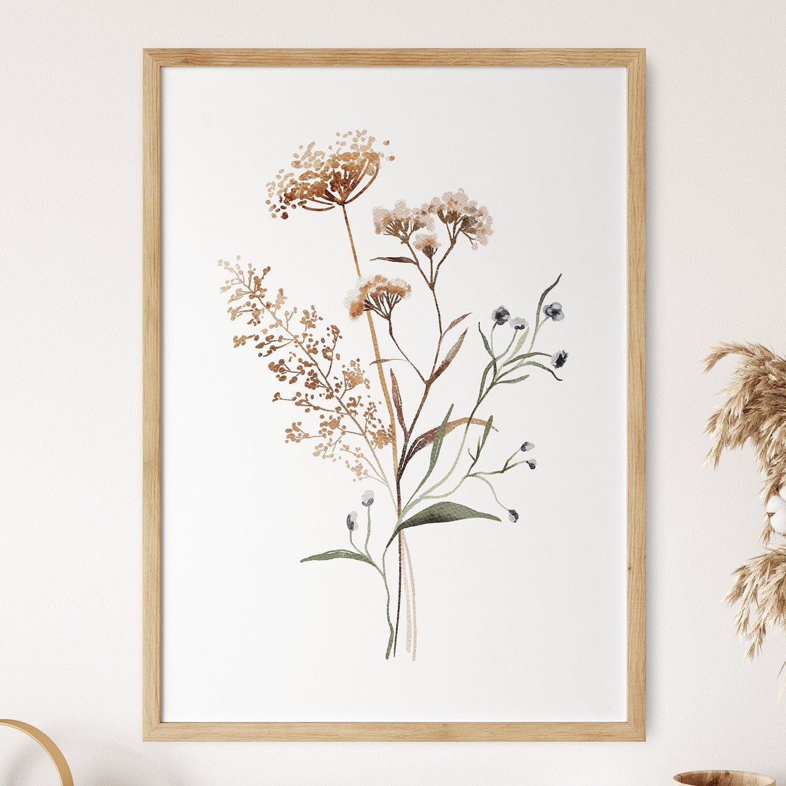 Neutral Beige Dried Wildflower Bouquet Watercolor Art Poster