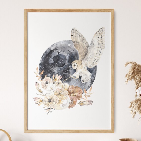 Barn Owl Flying Under Full Moon Watercolor Floral Art Poster