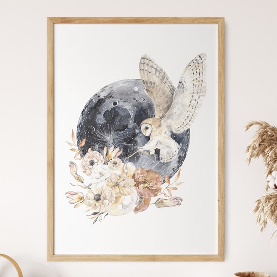 Barn Owl Wall Art Moon Phase Wall Decor Boho Floral Artwork Minimalist Ephemeral Flowers Poster Watercolor Woodland Bird Print