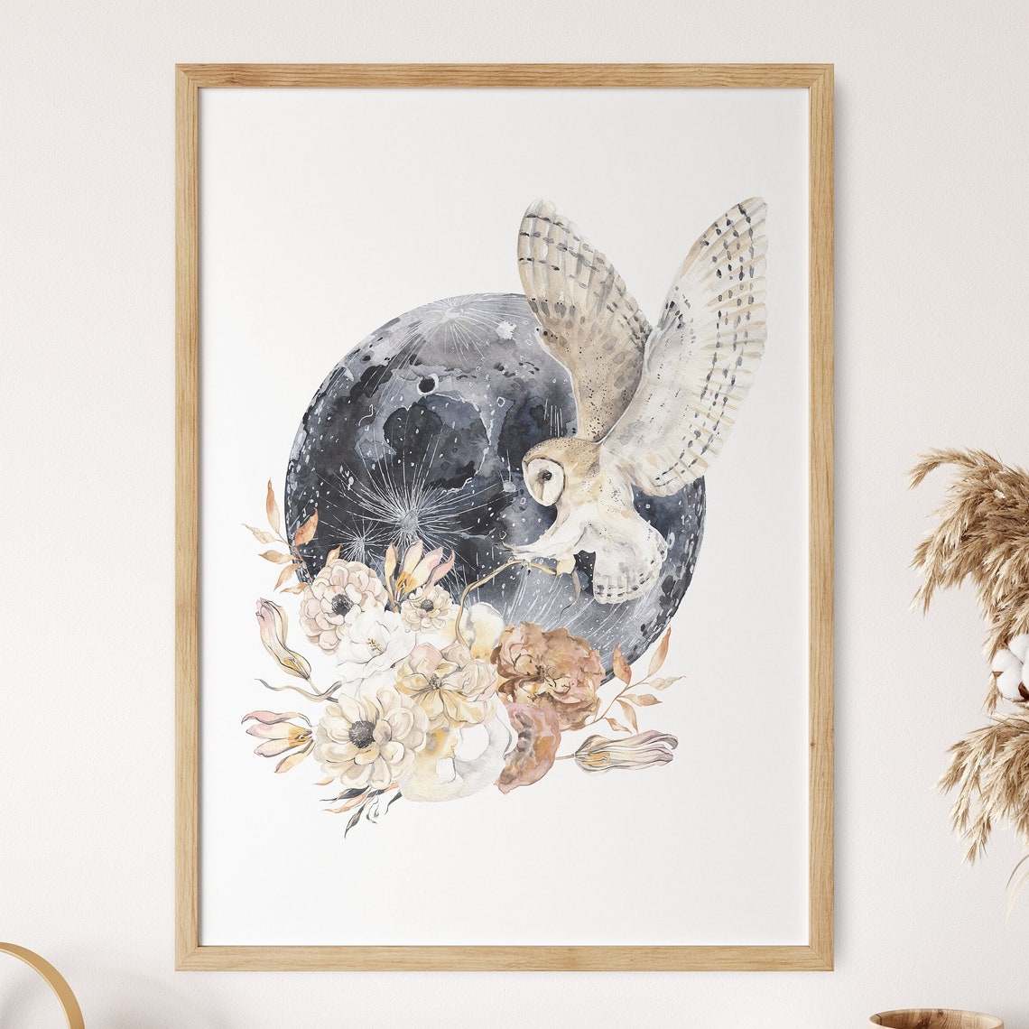 Barn Owl Flying Under Full Moon Watercolor Floral Art Poster