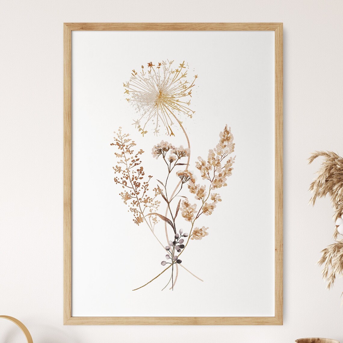 Dandelion Dried Flowers Watercolor Neutral Botanical Decor Poster