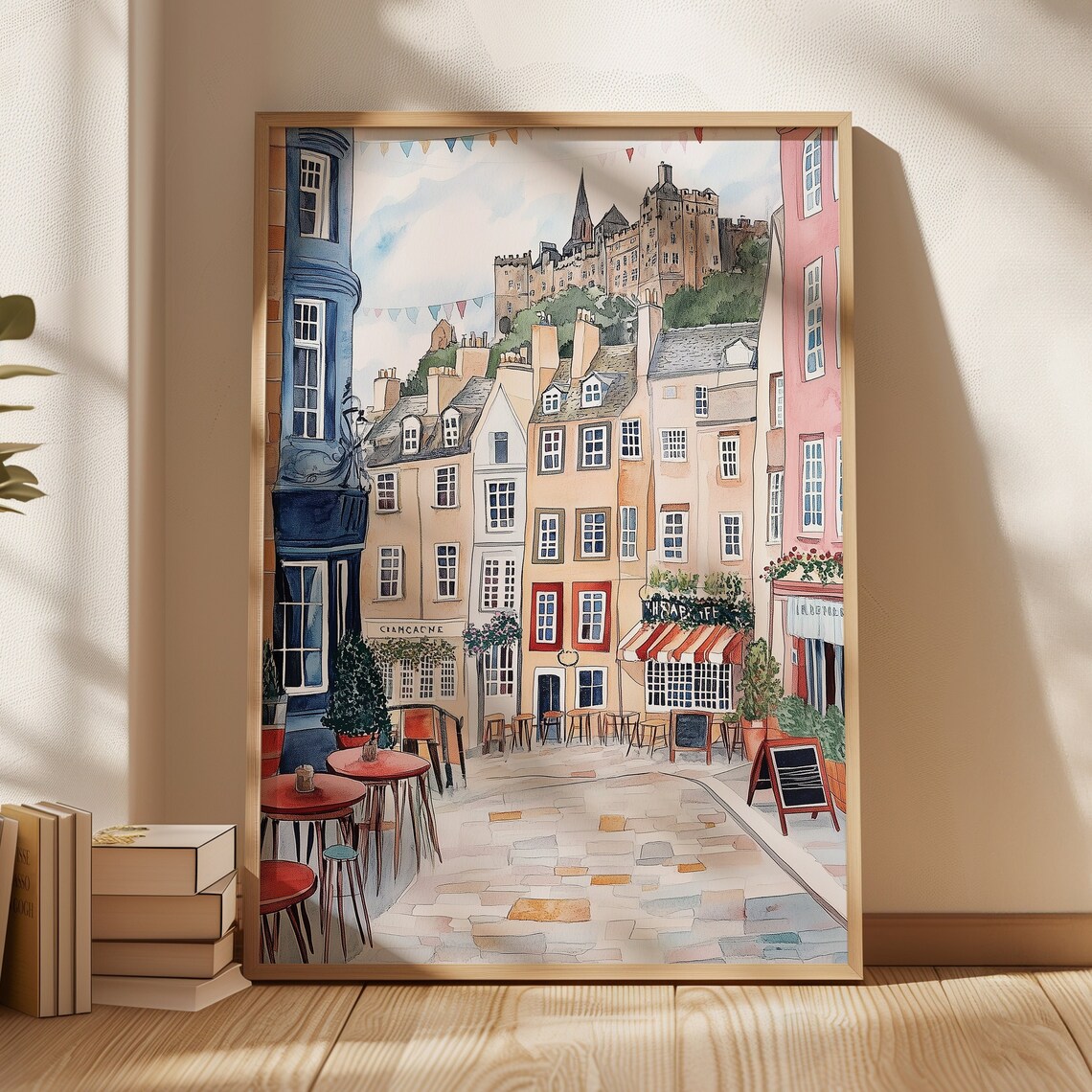 Edinburgh Victoria Street Watercolor Castle Cafes Scotland Poster