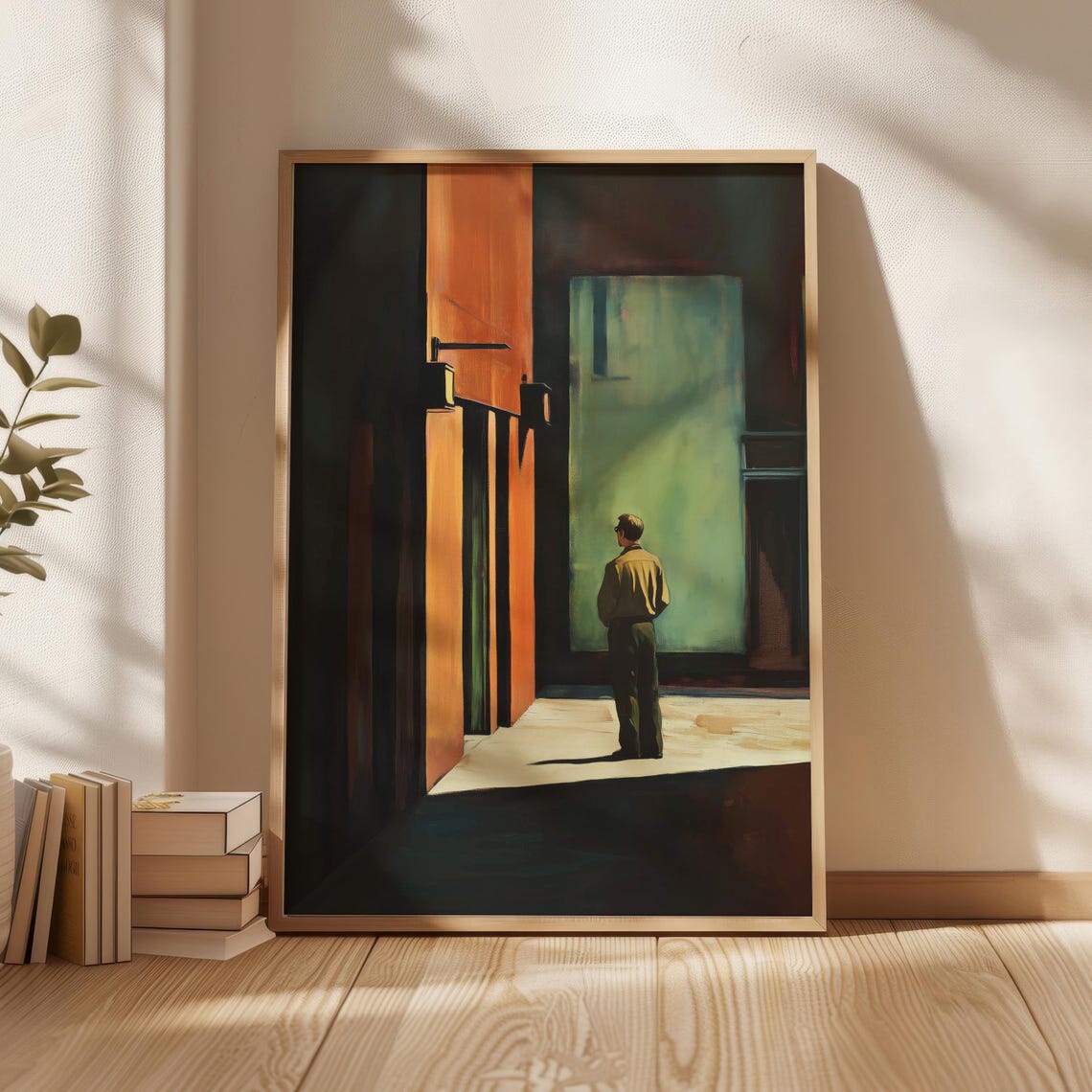 Lone Man in Dark Doorway Edward Hopper Style Night Art Poster