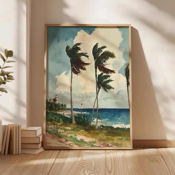 Windy Beach Poster Palm Tree Wall Art Winslow Homer Style Handpainted Watercolor New Home Gift