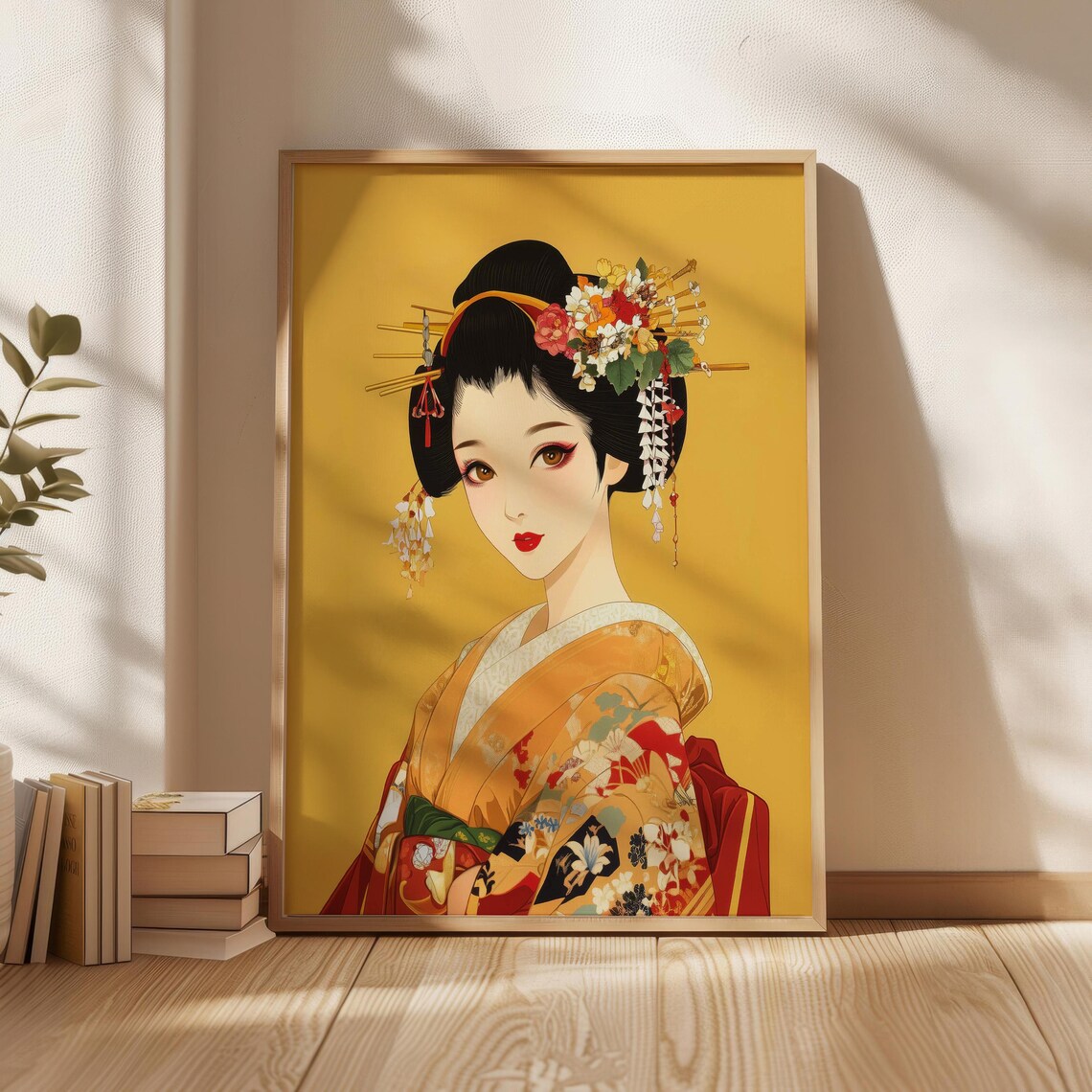 Golden Geisha in Floral Kimono Japanese Portrait Poster Decor