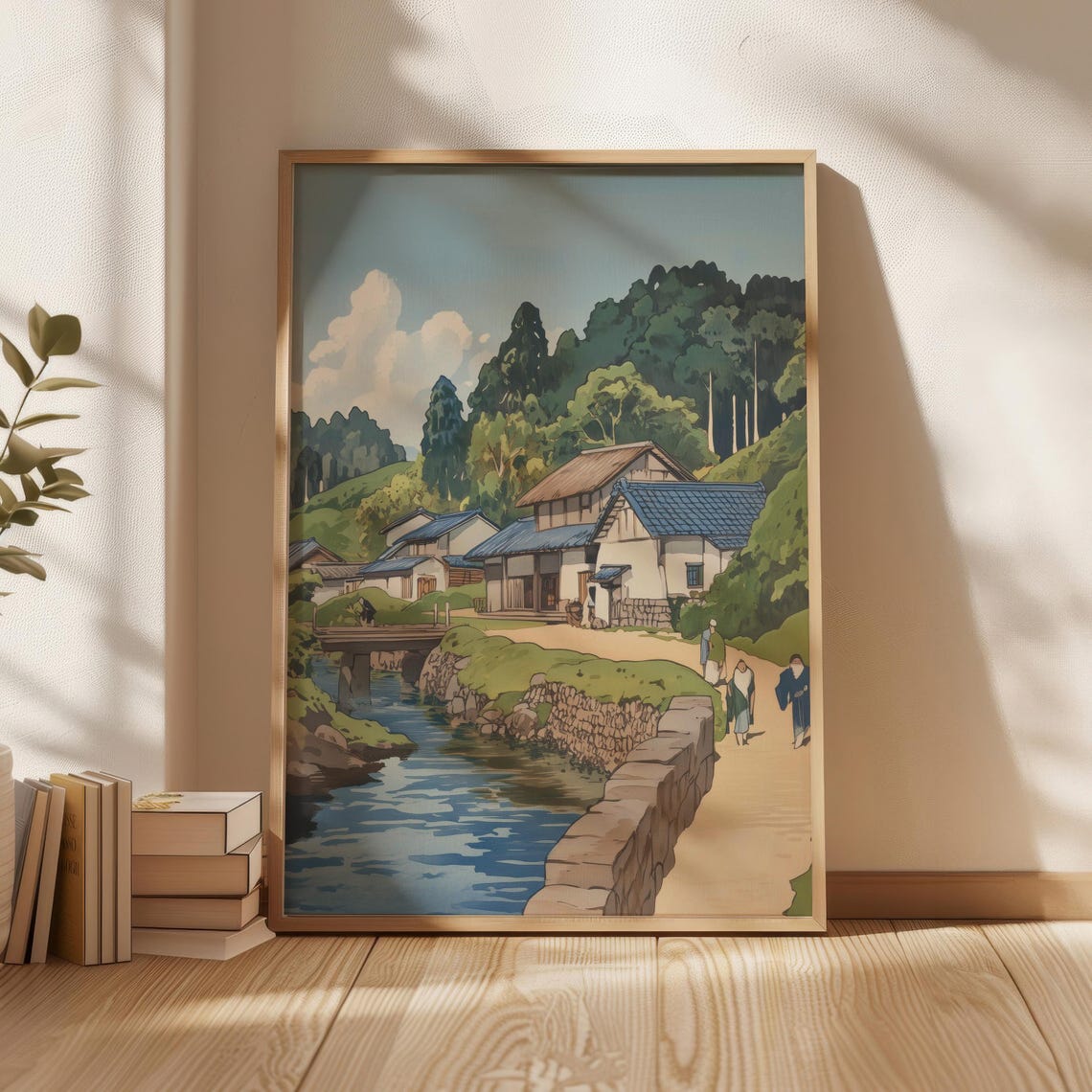 Japanese Village Riverside Ukiyo-e Style Woodblock Art Poster