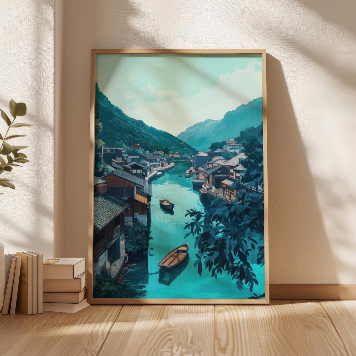 Anime Style Japanese River Town Teal Canal Scene Decor Poster