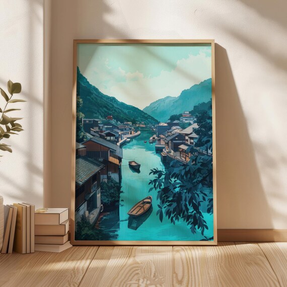 Anime Style Japanese River Town Teal Canal Scene Decor Poster