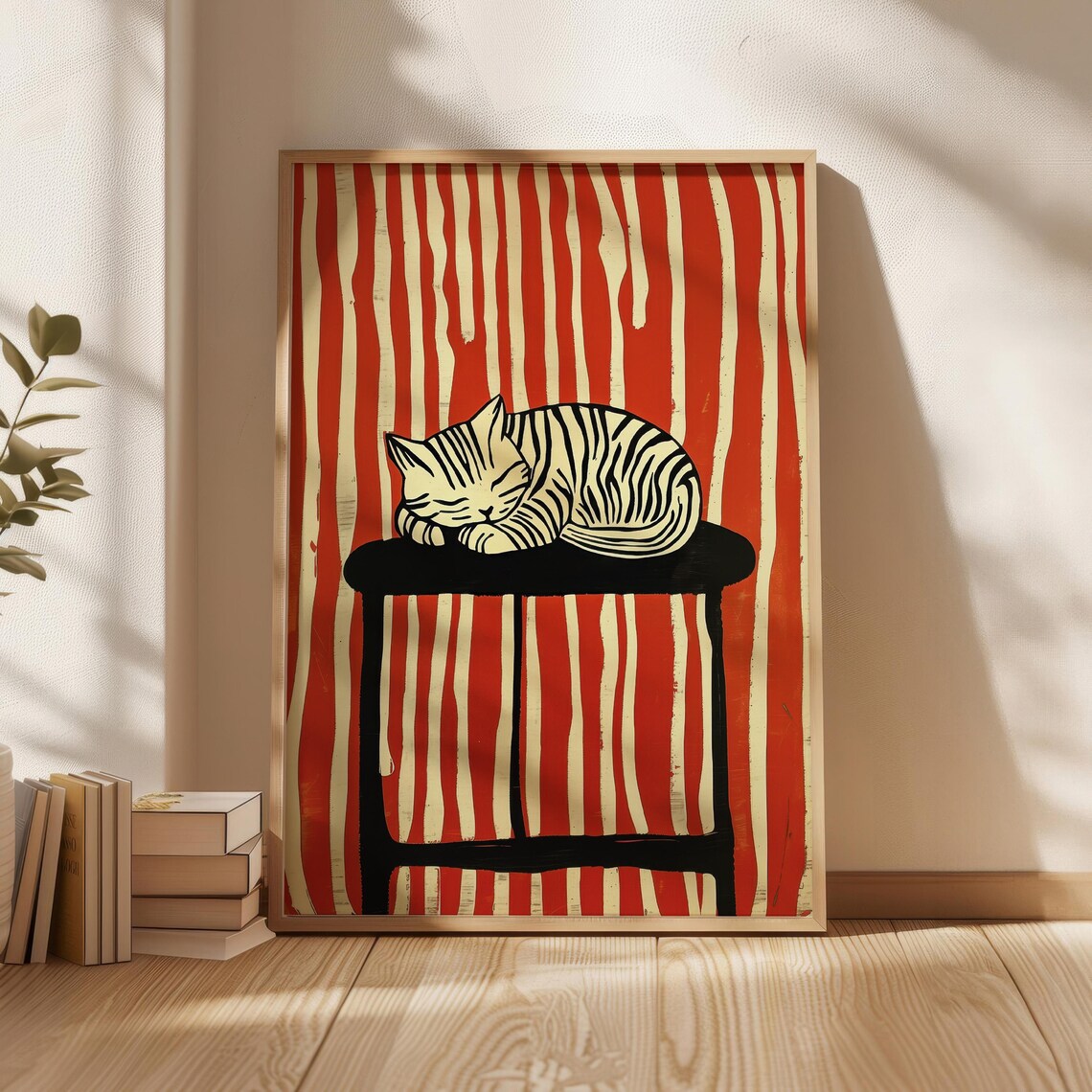 Sleeping Tabby Cat on Stool Red Striped Woodblock Style Feline Art Poster