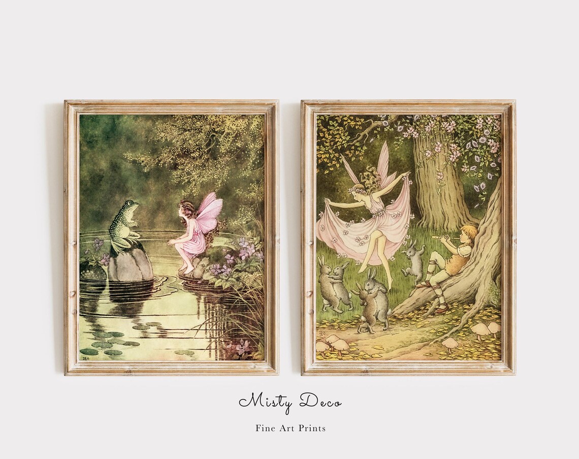 Set of Two Vintage Fairy Tale Woodland Illustrations Fine Wall Art