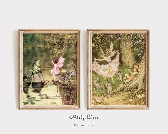 Whimsical Dancing Fairies And Rabbits Fairy Frog Illustrations By Ida Rentoul Outhwaite Vintage Wall Art Nursery