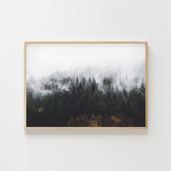 Foggy Dark Forest Print, Misty Mountain Nature Art