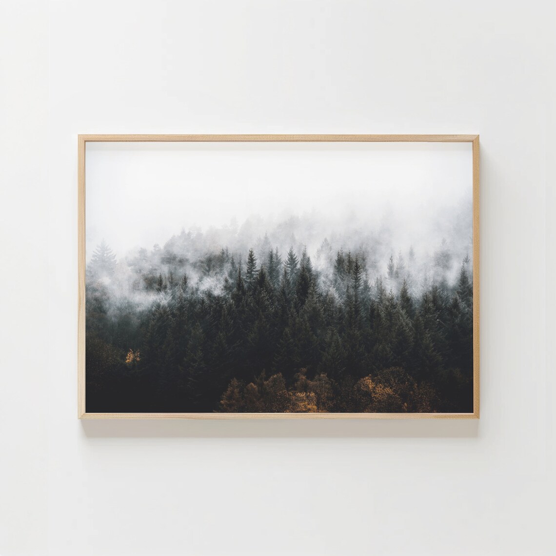 Foggy Dark Forest Print, Misty Mountain Nature Art