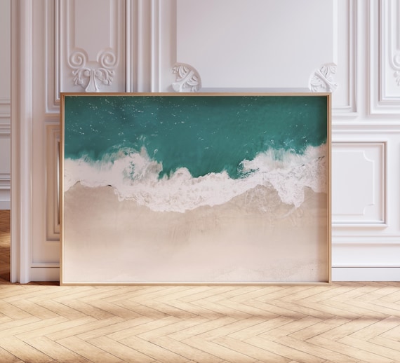 Aerial Ocean Waves Turquoise Surf Breaking Beach Photography Poster