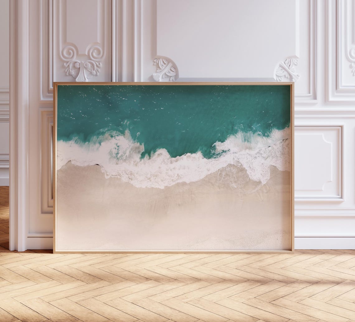 Aerial Ocean Waves Turquoise Surf Breaking Beach Photography Poster