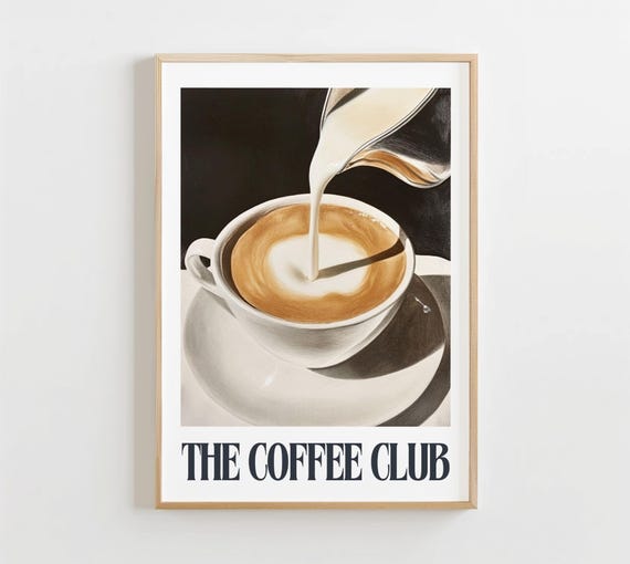 Retro Coffee Club Print Cappuccino Art Neutral Decor