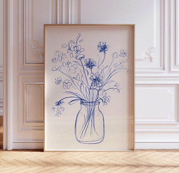 Trendy Blue Flowers In Vase Print Minimalist Botanical Line Artwork Still Life Drawing Modern Abstract Floral Poster Wall Art