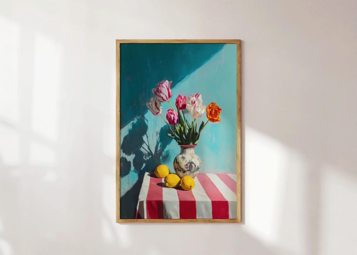 Pink Tulips In Vase With Lemons Bold Floral Still Life Art Poster