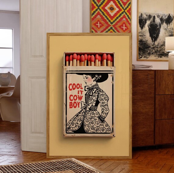 Cool It Cowboy Matchbox Red Toile Western Cowgirl Vintage Wall Art