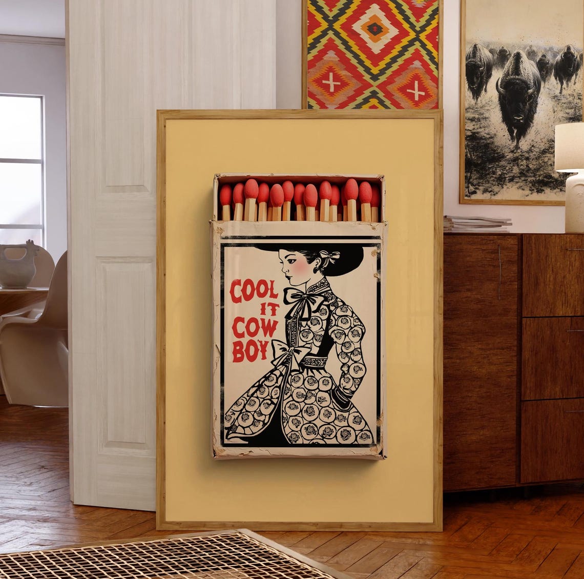 Cool It Cowboy Matchbook Coastal Cowgirl Millennial Granddaughter Print Black Toile Chinoiserie Butter Yellow Decor Retro Western Trendy Art