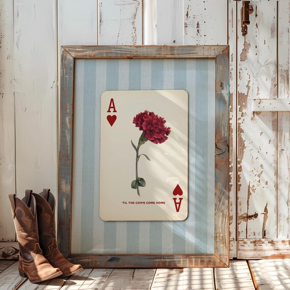 Carnation Ace Of Hearts Art Powder Blue Playing Card Print Preppy Southern Porch Decor Haint Entryway Americana Gift For Her