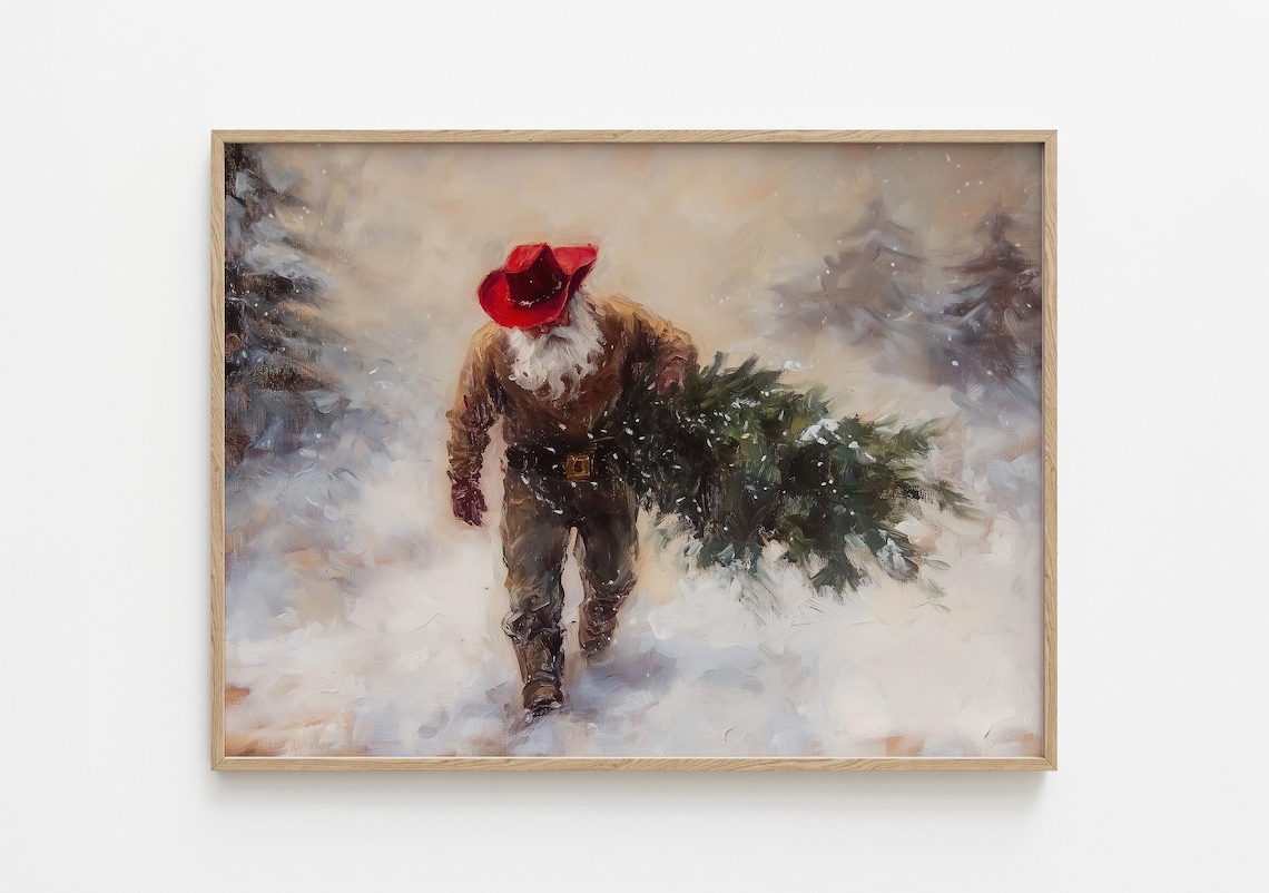 Cowboy Santa With Christmas Tree, Western Holiday Art Print