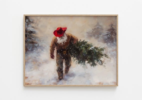Cowboy Santa With Christmas Tree, Western Holiday Art Print
