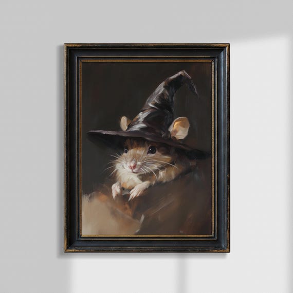 Cute Mouse In Witch Hat Painting Neutral Fall Print Witchy Halloween Decoration Dark Academia Decor Gothic Whimsical Western Wall Art
