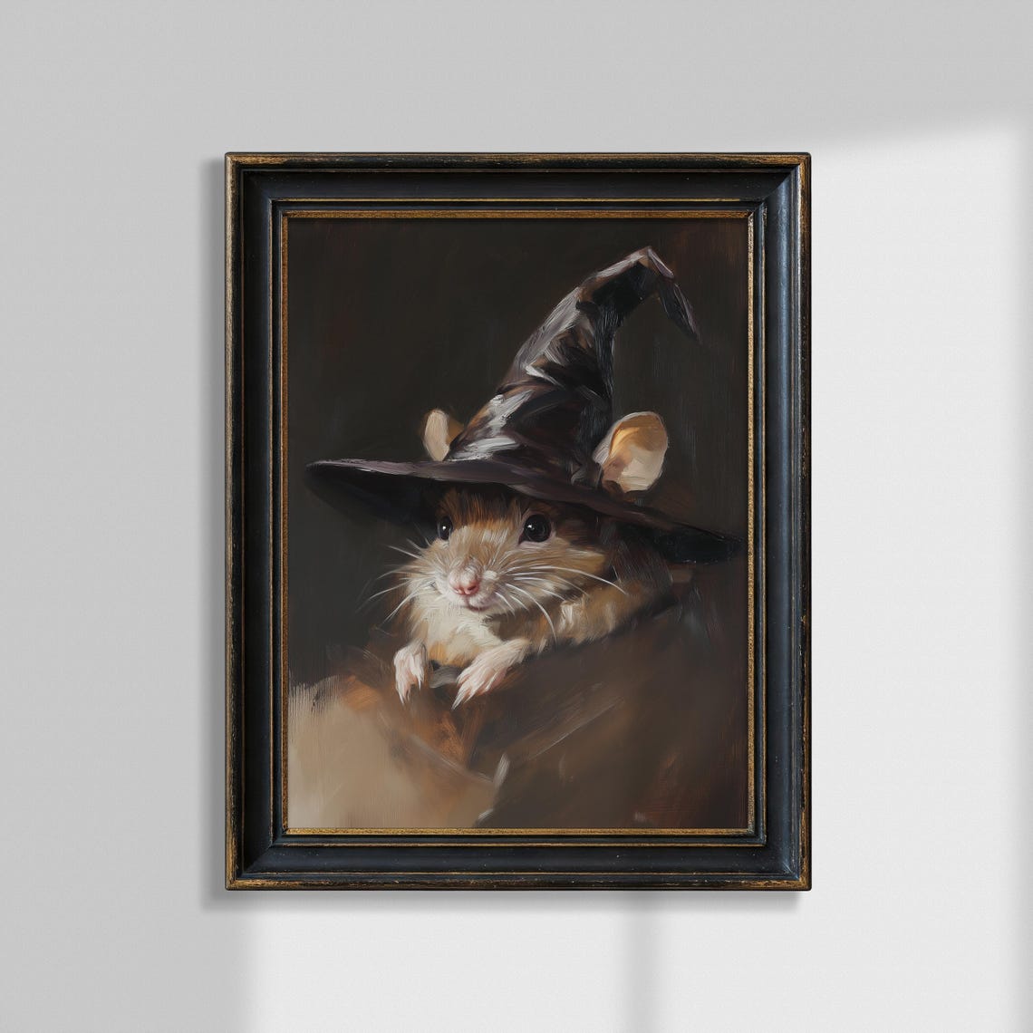 Cute Mouse In Witch Hat Painting Neutral Fall Print Witchy Halloween Decoration Dark Academia Decor Gothic Whimsical Western Wall Art