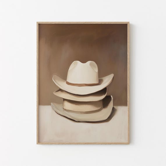 Stacked Cowboy Hats Print Southwestern Masculine Wall Art Brown Tan Western Cowgirl Apartment Decor Large Framed Ranch Painting