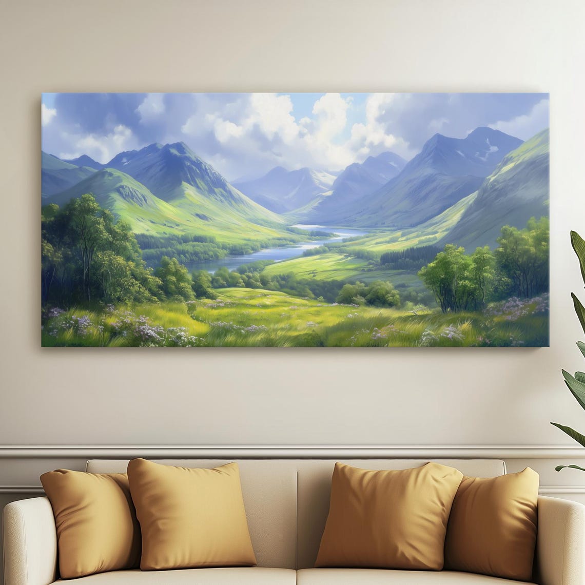 Serene Lush Green Valley River Winding Between Mountains Poster