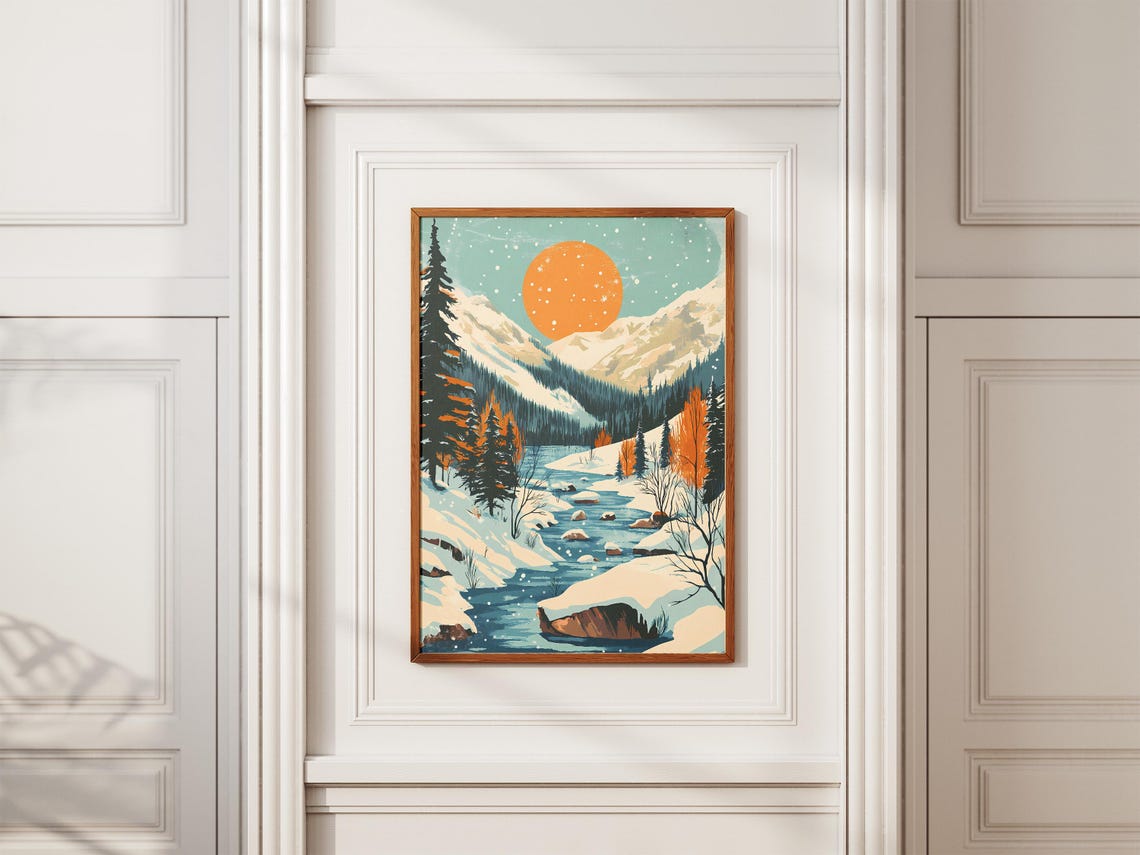 Icy River Winding Through a Snowy Valley at Golden Sunset Poster - Image 2