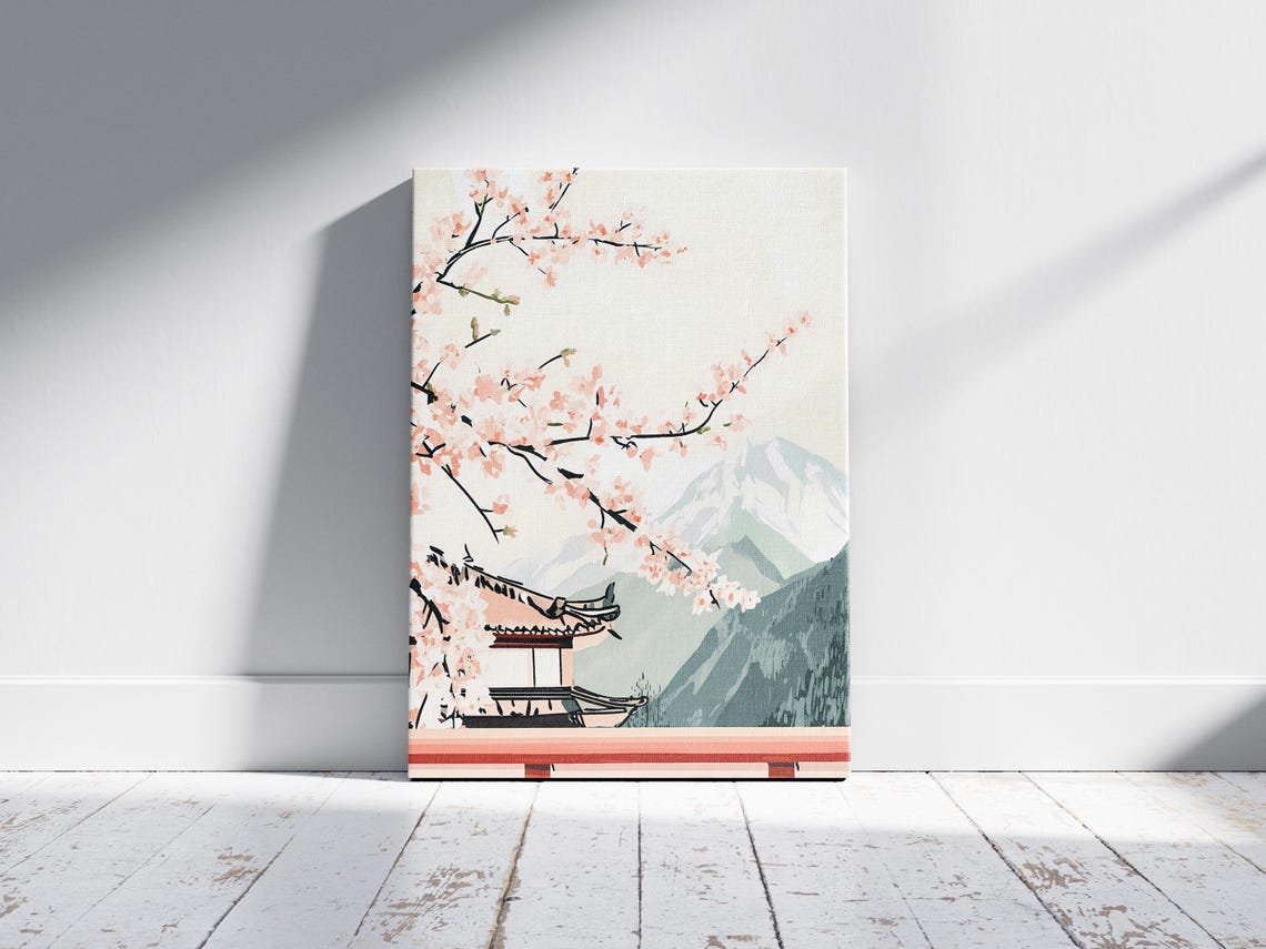 Japanese Temple Cherry Blossom Mount Fuji Spring Travel Poster - Image 2