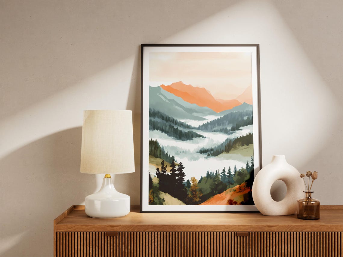 Misty Mountain Valley Fog Orange Peaks Serene Landscape Poster - Image 4