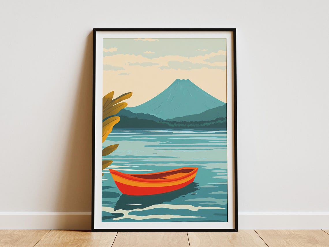 Lake Atitlan Orange Canoe Volcano Lake Retro Style Travel Poster