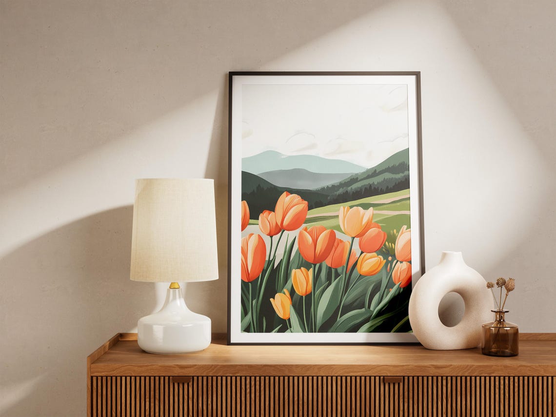 Bright Orange Tulips Blooming in a Green Mountain Valley Poster - Image 5