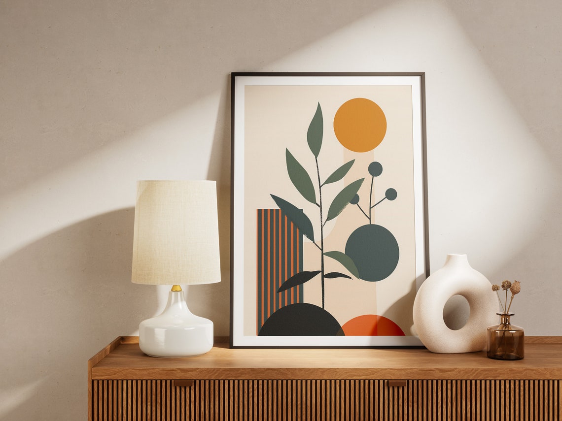 Minimalist Botanical Plant Sprig With Golden Sun Modern Art Poster - Image 2