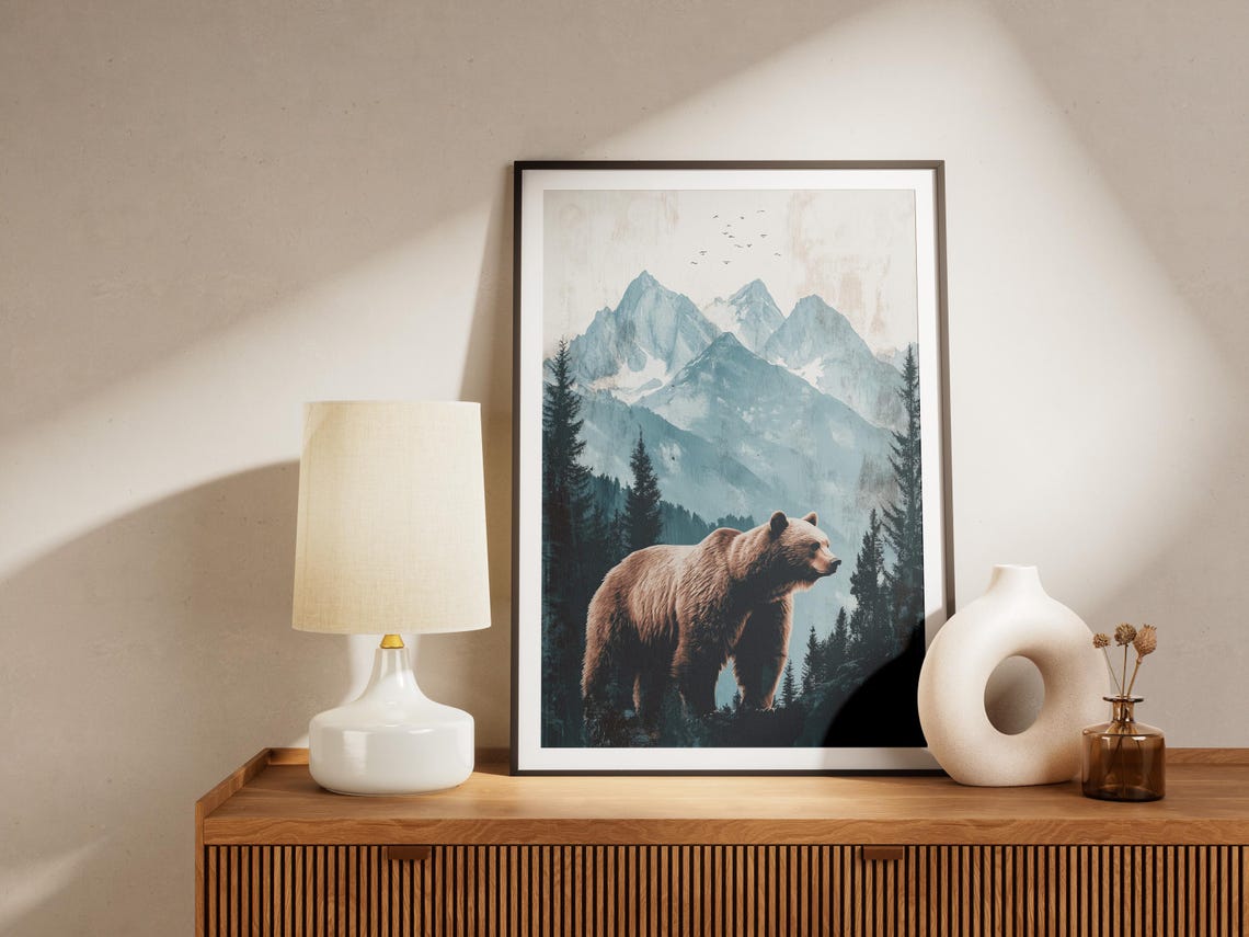 Brown Bear in a Mountain Landscape Teal Hued Wildlife Poster - Image 4