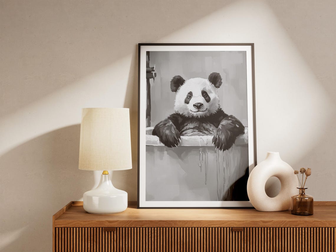 Panda Bear Bathtub Bubble Bath Art Print Cute Animal Poster Minimalist Bathroom Decor Black And White Wall Lover Gift - Image 4